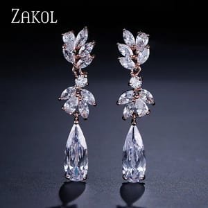 Elegant Zircon Leaf Dangle Earrings with Water Drop Crystals