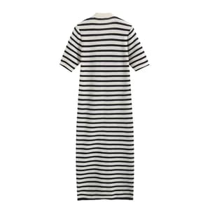 Elegant Striped V-Neck Knitted Midi Dress with Buttons Elegant Striped V-Neck Knitted Midi Dress with Buttons