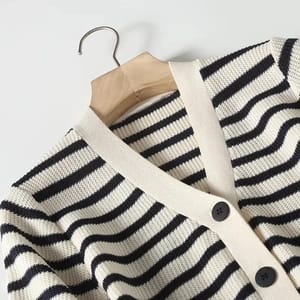 Elegant Striped V-Neck Knitted Midi Dress with Buttons Elegant Striped V-Neck Knitted Midi Dress with Buttons