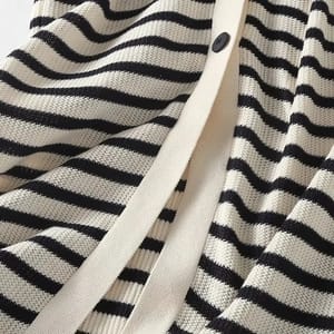 Elegant Striped V-Neck Knitted Midi Dress with Buttons Elegant Striped V-Neck Knitted Midi Dress with Buttons