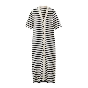 Elegant Striped V-Neck Knitted Midi Dress with Buttons