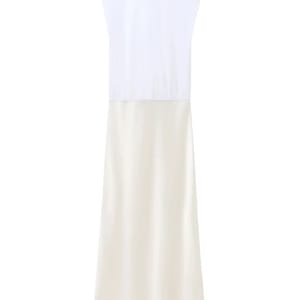 Women's Fashion Contrast Satin Midi Dress Retro Round Neck Sleeveless Versatile Female Midi Dress