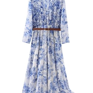 Women's Fashion Printed Ruffle Belt Dress V-Neck Long Sleeve with Front Button Midi Length