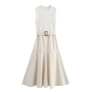 Elegant Sleeveless Spliced Midi Dress with Belt for Women