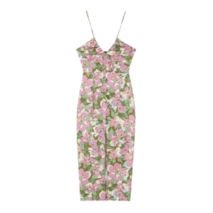 Women's Linen Blended Flower Print Dress V-Neck Adjustable Straps Open Back Tie Front Split
