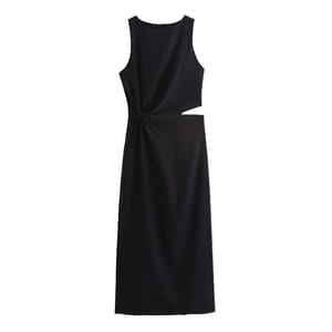 High Street Women's Midi Dress Sleeveless Round Neck Female Draped Fashion Cut-Out Front Design