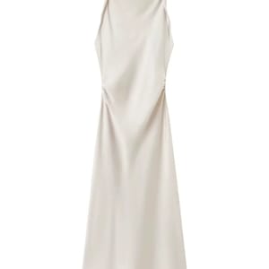 Elegant Sleeveless Satin Midi Dress with Ruched Detailing
