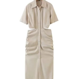 Elegant Hollow-Out Waist Midi Shirt Dress with Pleated Design