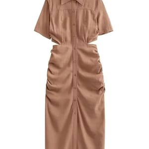 Elegant Hollow-Out Waist Midi Shirt Dress with Pleated Design