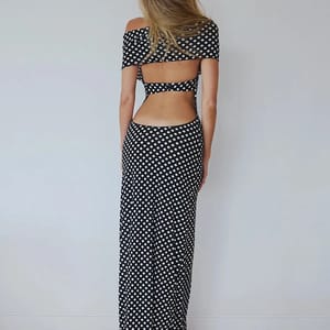 Elegant Off-Shoulder Polka Dot Maxi Dress with Split Hem Elegant Off-Shoulder Polka Dot Maxi Dress with Split Hem