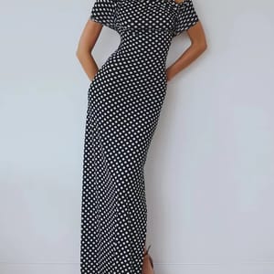 Elegant Off-Shoulder Polka Dot Maxi Dress with Split Hem