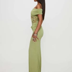 Off-Shoulder Lace Sheer Maxi Dress for Women, Bodycon Party Gown