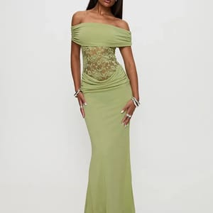 Off-Shoulder Lace Sheer Maxi Dress for Women, Bodycon Party Gown