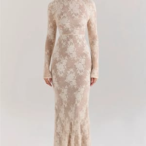 Chic Lace Print Bodycon Maxi Dress with High Collar