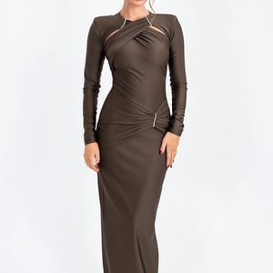 Sculpted Long Sleeve Maxi Dress with Ruched Detailing