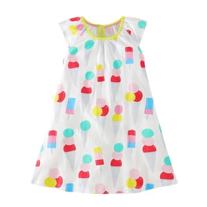 Adorable Girls' Summer Dress with Floral & Ice Cream Print
