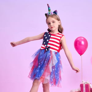 Striped Flag Print Sleeveless Dress for Girls – Summer Party Outfit Striped Flag Print Sleeveless Dress for Girls – Summer Party Outfit