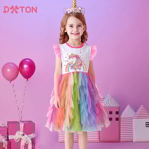 Girls Unicorn Rainbow Print Princess Party Dress for Summer Girls Unicorn Rainbow Print Princess Party Dress for Summer