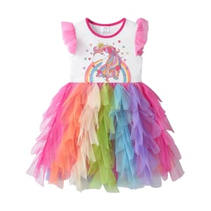Girls Unicorn Rainbow Print Princess Party Dress for Summer Girls Unicorn Rainbow Print Princess Party Dress for Summer
