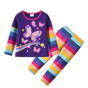 Stylish Butterfly Print Long Sleeve Set for Girls, Casual T-shirt and Pants Dxton - Kids's Pyjama Sets