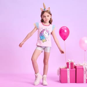 Summer Unicorn Clothing Set for Girls with Flying Sleeve Tops and Casual Pants