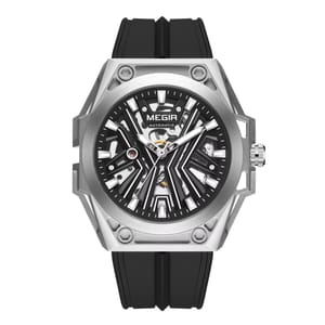 Men’s Stainless Steel Skeleton Mechanical Watch with Silicone Strap