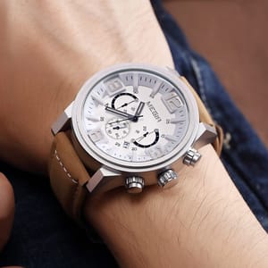Large Dial Chronograph Leather Watch with Calendar and Stopwatch
