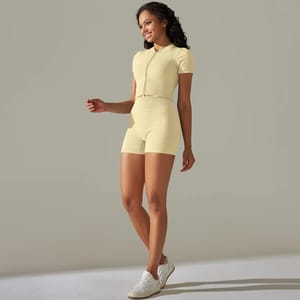 Seamless Yoga Set with Short Sleeve Zip Top and Shorts