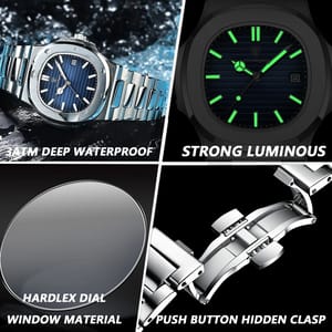 Luxury Square Dial Men's Watch with Stainless Steel Band Poedagar - Men's Dress Watches 3