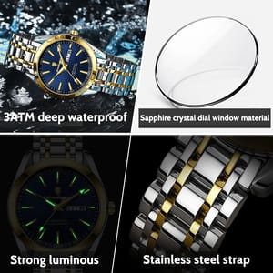 Elegant Stainless Steel Business Watch with Calendar and Luminous Dial