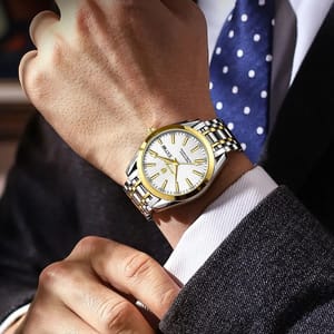 Elegant Stainless Steel Business Watch with Calendar and Luminous Dial