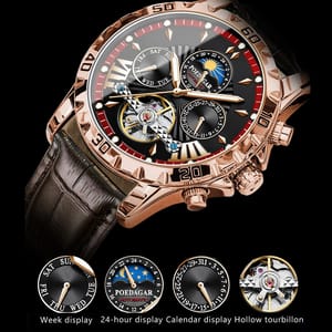 Luxury Tourbillon Mechanical Watch with Calendar and Leather Strap Poedagar - Women's Dress Watches 3