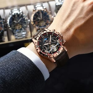 Luxury Tourbillon Mechanical Watch with Calendar and Leather Strap Poedagar - Women's Dress Watches 4