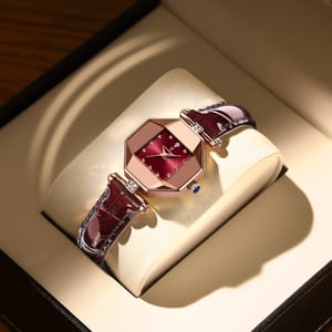 Elegant Red Dial Women's Leather Watch with Irregular Case Design Elegant Red Dial Women's Leather Watch with Irregular Case Design