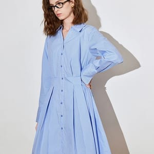 Elegant Pleated A-Line Dress with Turn-Down Collar and Stripes