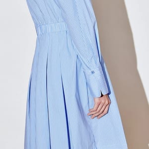 Elegant Pleated A-Line Dress with Turn-Down Collar and Stripes