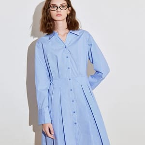 Elegant Pleated A-Line Dress with Turn-Down Collar and Stripes