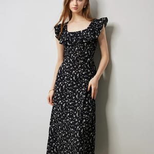 Floral Printed Waistband Dress with Flying Sleeves for Women