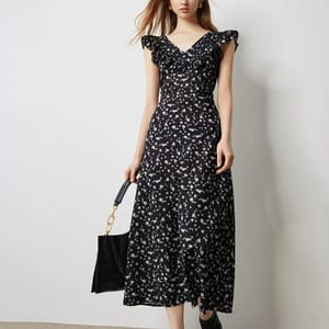 Floral Printed Waistband Dress with Flying Sleeves for Women