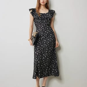 Floral Printed Waistband Dress with Flying Sleeves for Women