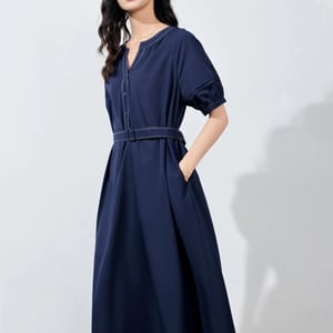 Elegant V-Neck Mid-Length Dress with Belt for Women Office