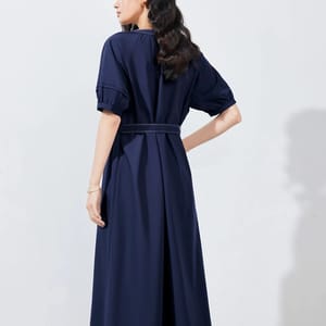 Elegant V-Neck Mid-Length Dress with Belt for Women Office