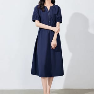 Elegant V-Neck Mid-Length Dress with Belt for Women Office