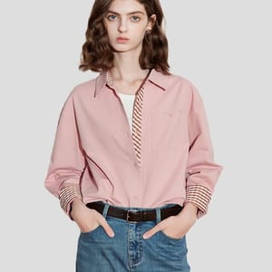 Striped Cotton Shirt with Diagonal Collar for Women Spring
