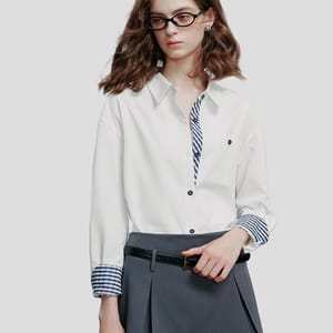 Striped Cotton Shirt with Diagonal Collar for Women Spring