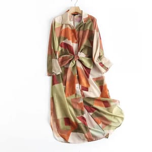 Vintage Print Belted Shirt Dress with Lapel and Sleeves