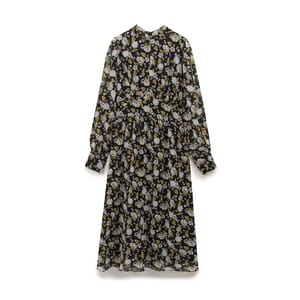 Vintage Floral Print Midi Dress with Stand Collar & Sleeves