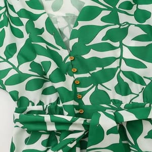 Green Printed V-Neck Midi Dress with Belted Waist