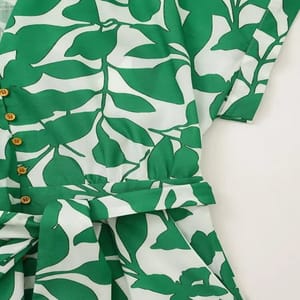 Green Printed V-Neck Midi Dress with Belted Waist