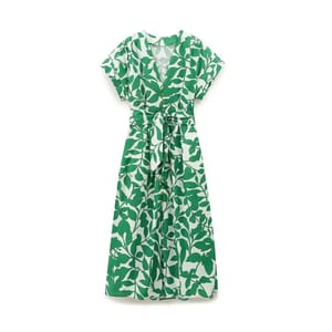 Green Printed V-Neck Midi Dress with Belted Waist